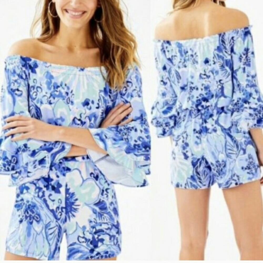 Lilly Pulitzer Calla Off-the-Shoulder Romper Coastal Blue White Floral XS